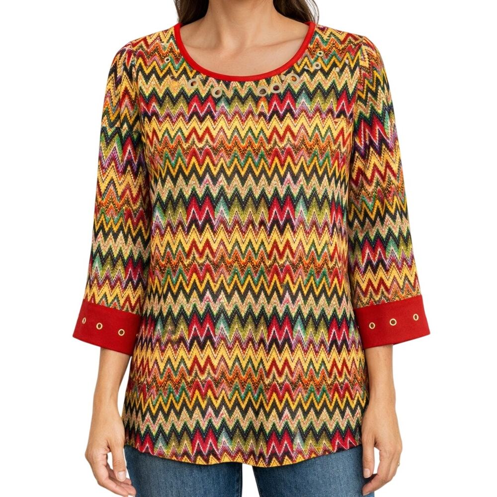 Calessa Sz Small Red Multicolor Wearable Art Stretchy Blouse Shirt Top Artsy